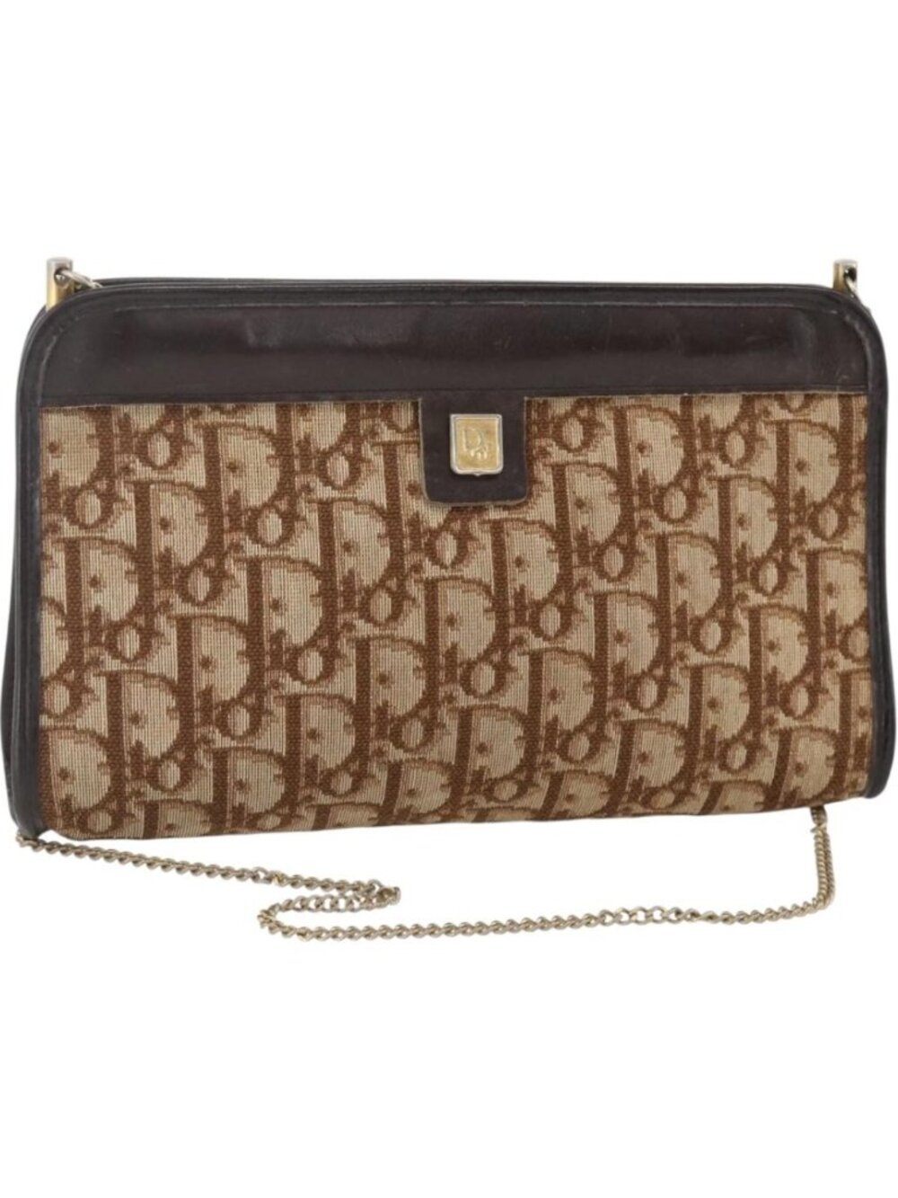 Christian Dior Trotter Canvas Chain Shoulder Bag Brown Gold